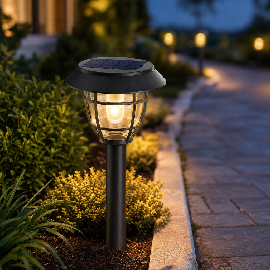 Solar garden lamp with integrated panel and warm LED
