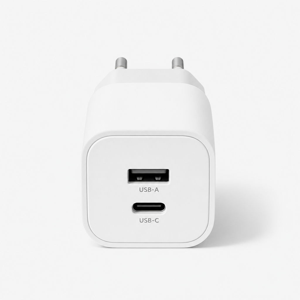 Dual-port white USB charger with compact cube design