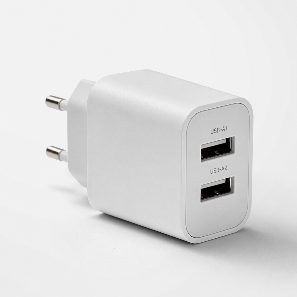 Compact dual-port USB wall charger in matte white plastic with EU plug