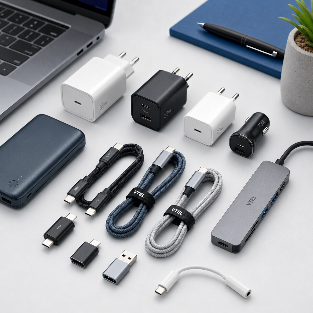 Assortment of USB-C chargers, braided cables, and adapters laid out in a modern workspace