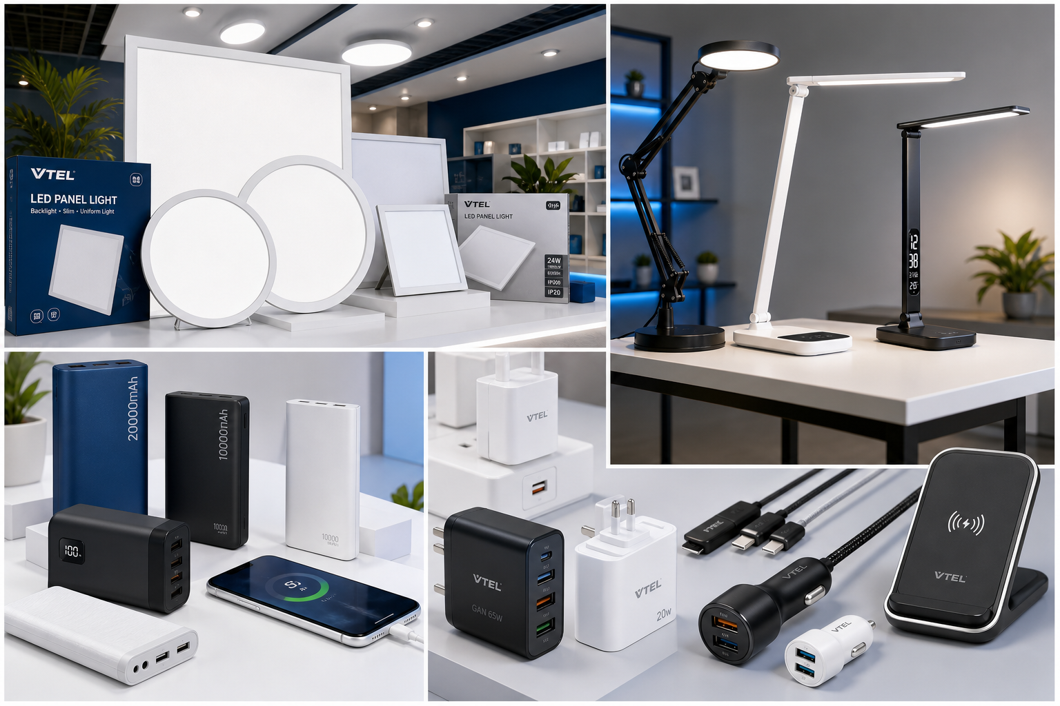 Collage of LED panels, modern lamps, power banks, and charging accessories in a clean showroom setting
