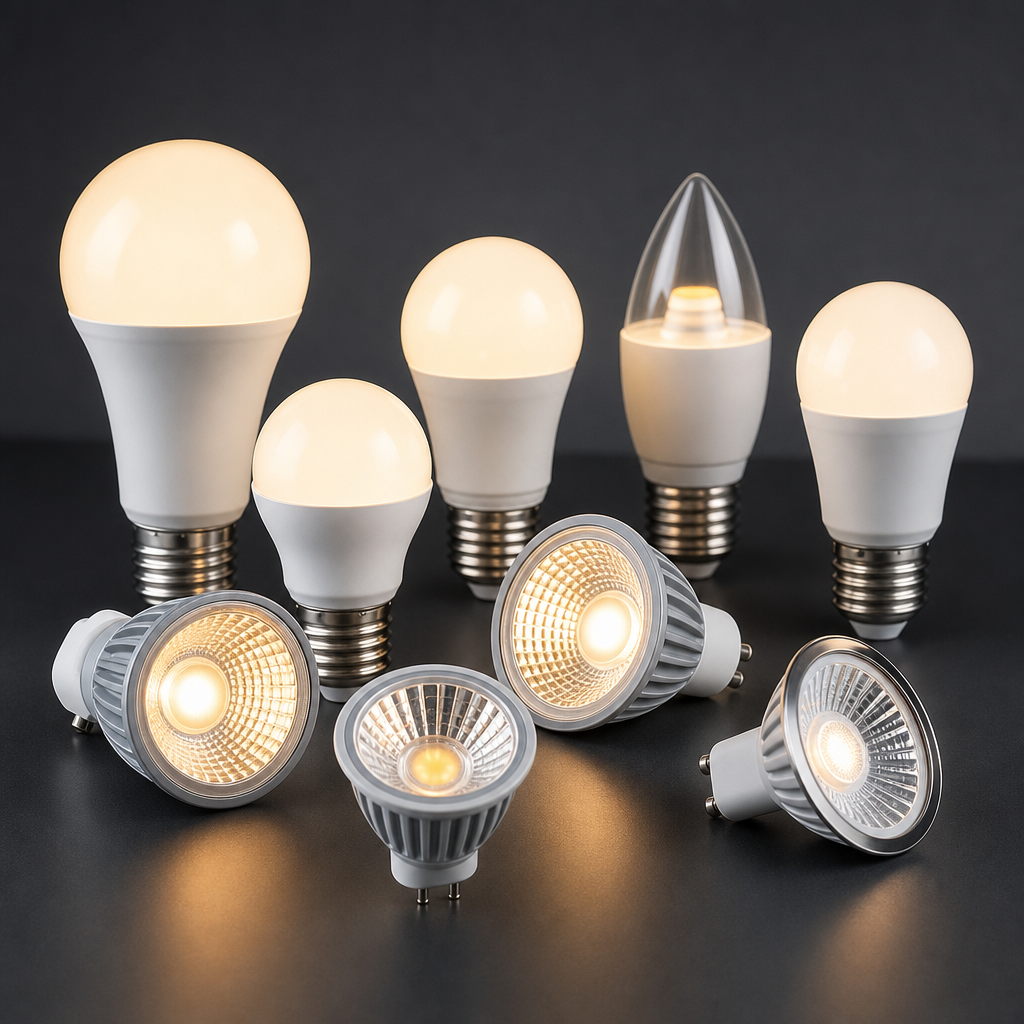 Close-up of warm white LED bulbs and spotlight fixtures arranged on a graphite surface