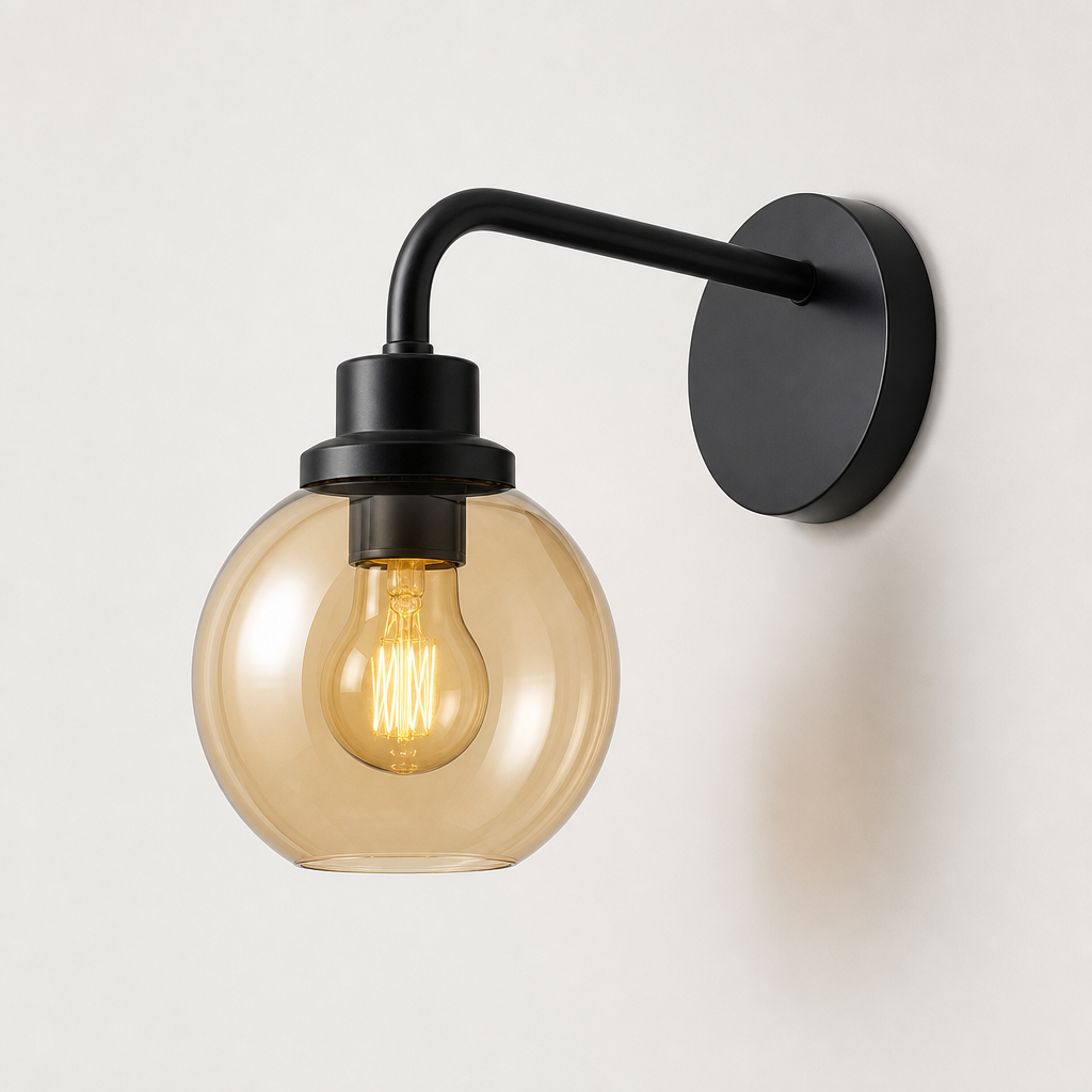 Minimalist wall lamp with black metal arm and warm glass globe