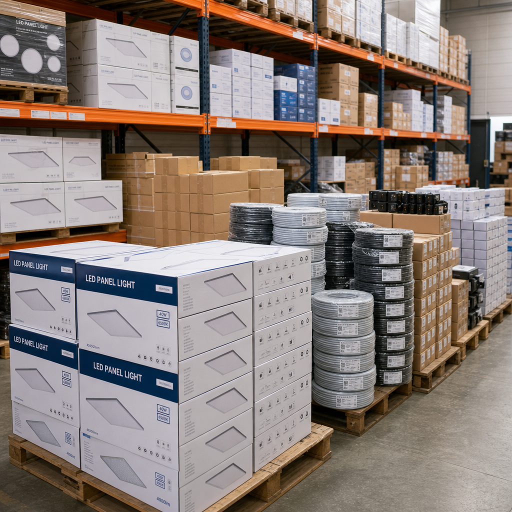 Warehouse pallets with boxed lighting panels, cables, and bulk adapters
