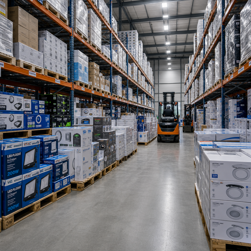 Large warehouse aisle with pallets of lighting products and packaged electrical goods