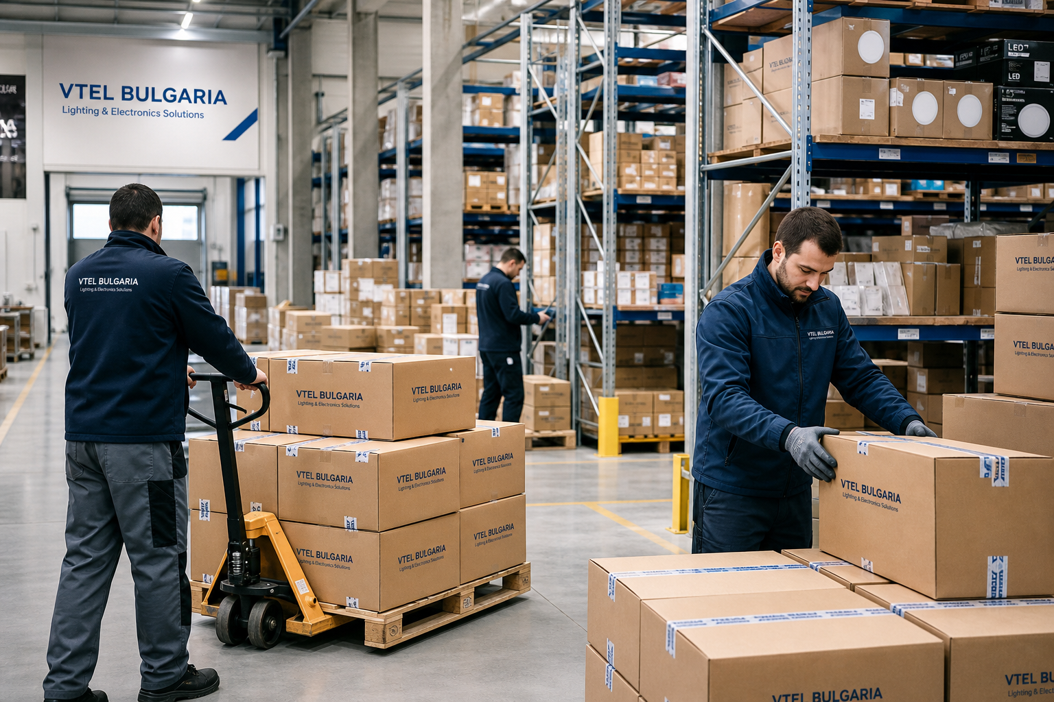 Logistics staff handling boxed lighting products in a modern distribution warehouse