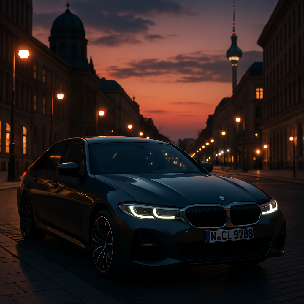 BMW 3 Series sedan in Berlin at sunset