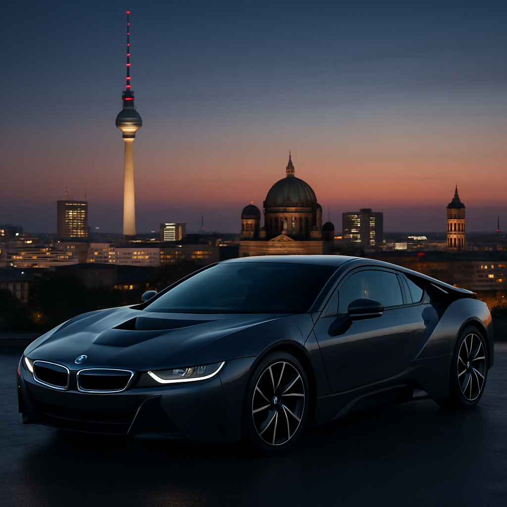 BMW i8 sports car in front of Berlin skyline at dusk