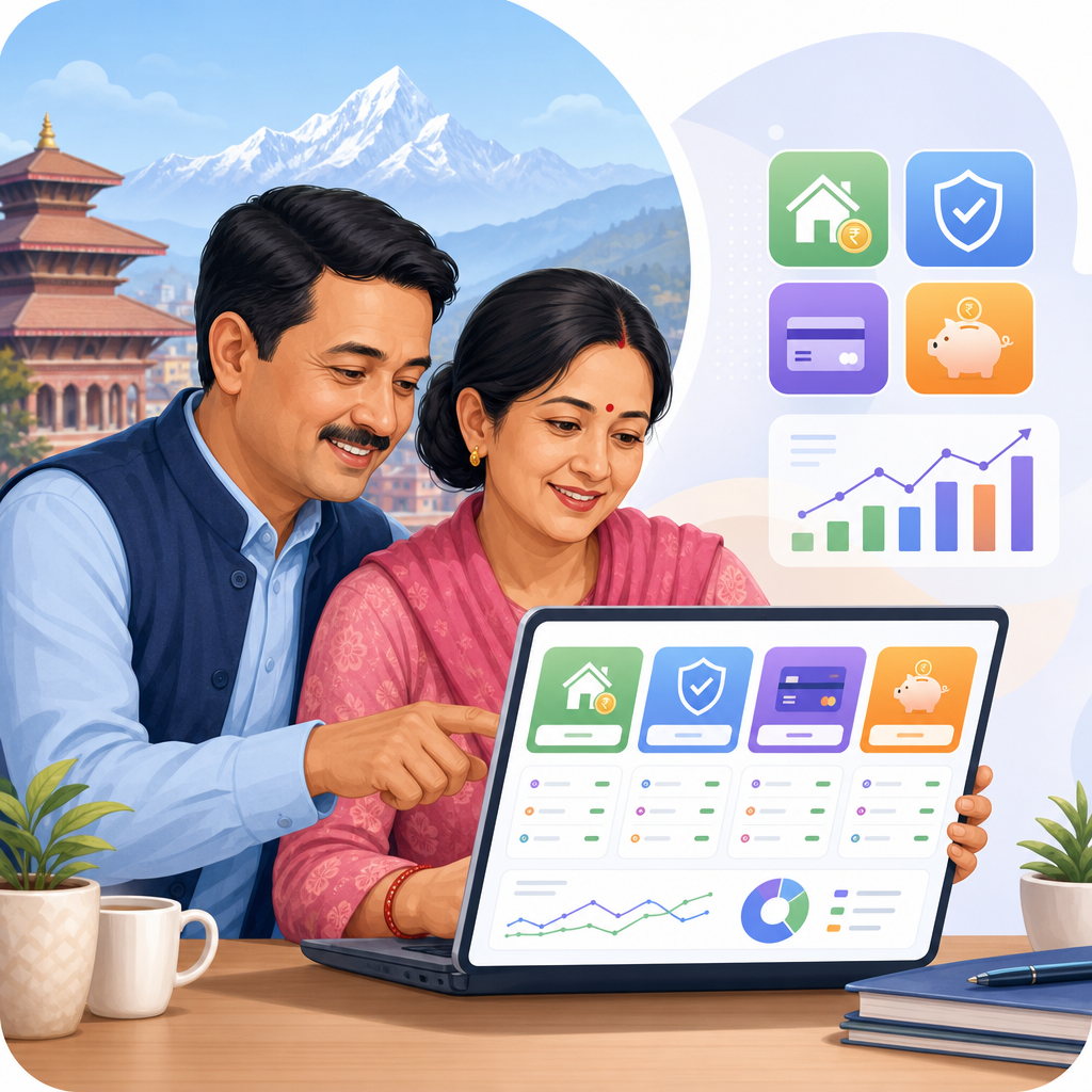Illustration of a Nepali user using a financial comparison dashboard to compare loans, insurance, credit cards, and savings options