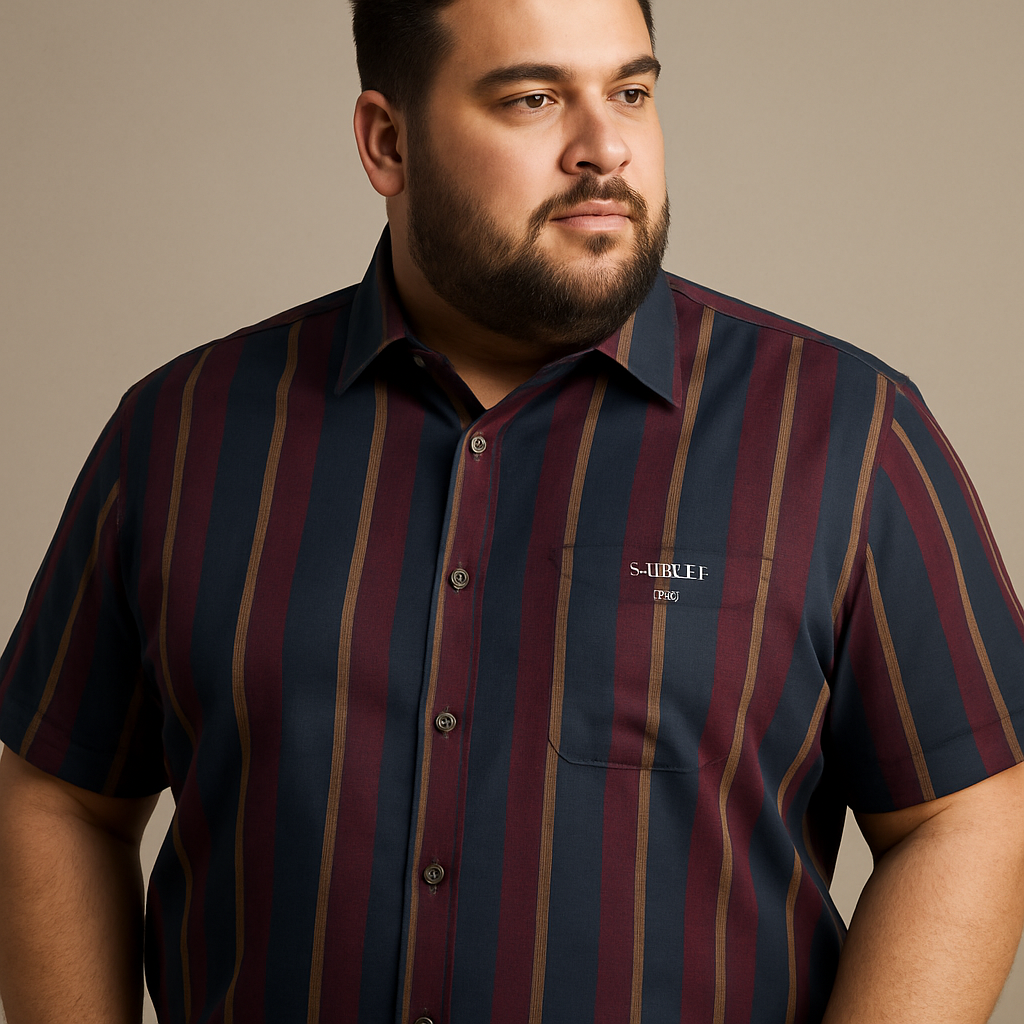 Confident plus size male model wearing a 4XL short sleeve striped AVANELLI shirt. The shirt displays vertical stripes in harmonious, deep colors, styled for a premium and comfortable fit.