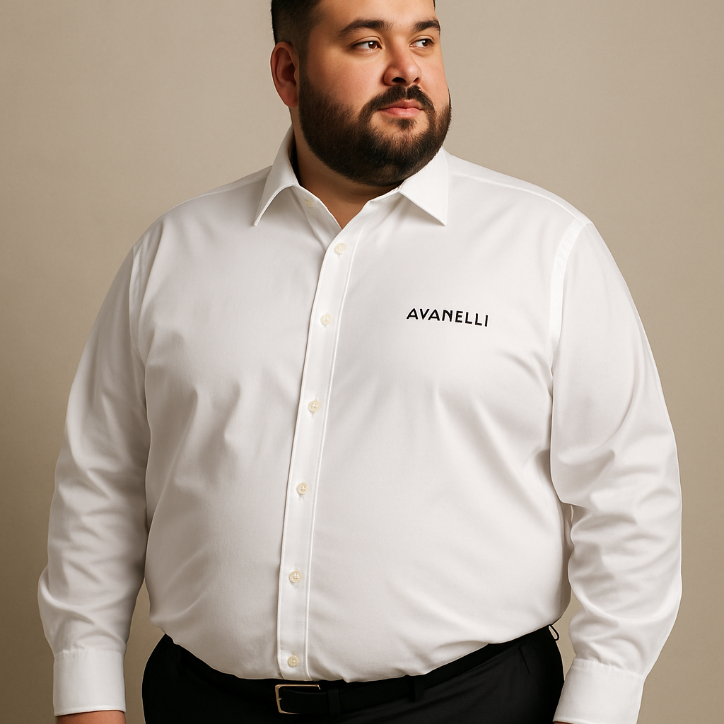 Confident plus size male model wearing a 5XL long sleeve white AVANELLI shirt. The shirt is crisp, classic, and expertly tailored, emphasizing comfort and timeless style.