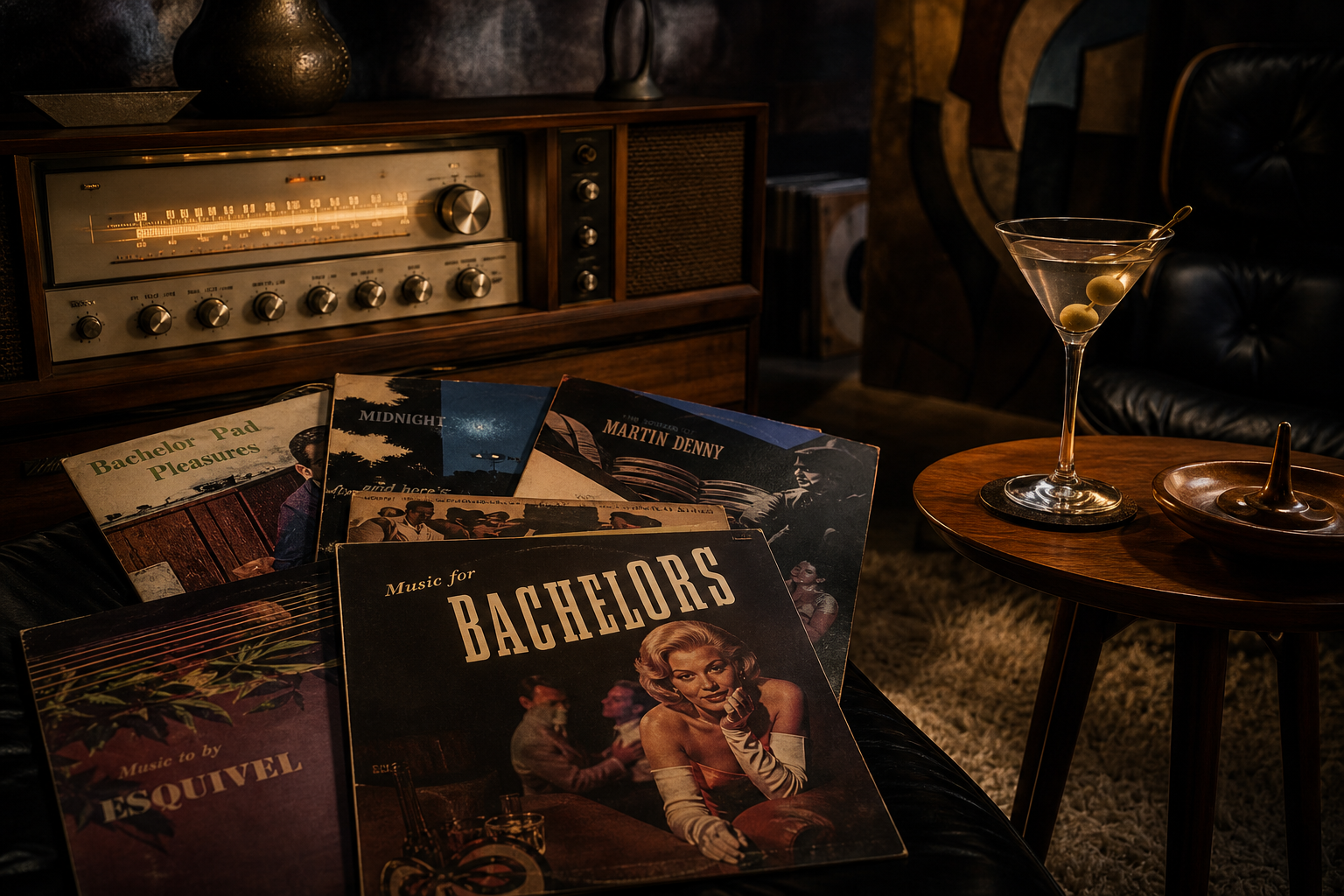 Collage of bachelor-pad record sleeves, a glowing hi-fi console, and a martini glass on a mid-century side table
