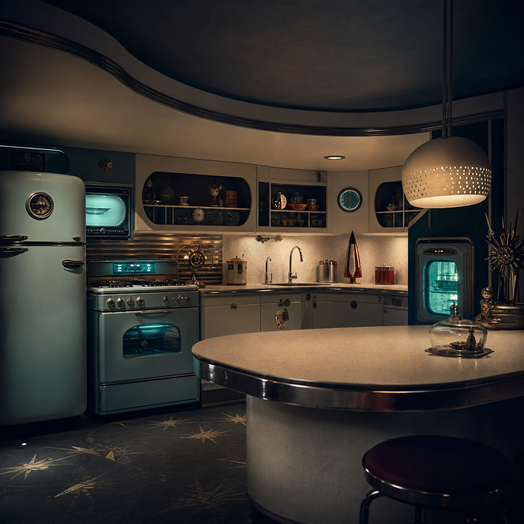 Mid-century futuristic kitchen with sleek curved counters and glowing appliances
