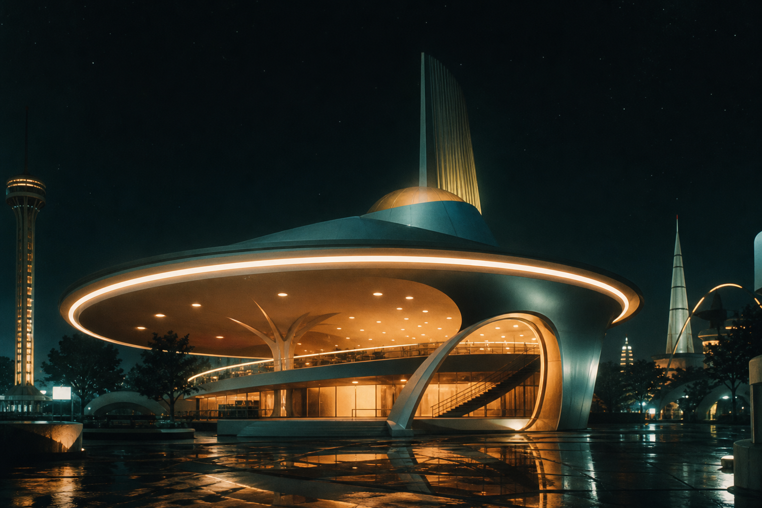 Moody retro-futurist World's Fair pavilion glowing under a night sky