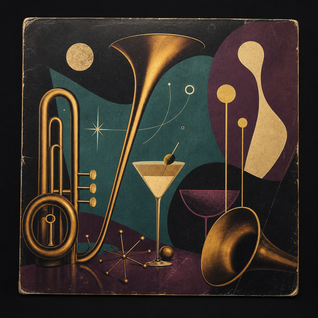 Mid-century lounge record sleeve with stylized brass instruments and abstract cocktail shapes