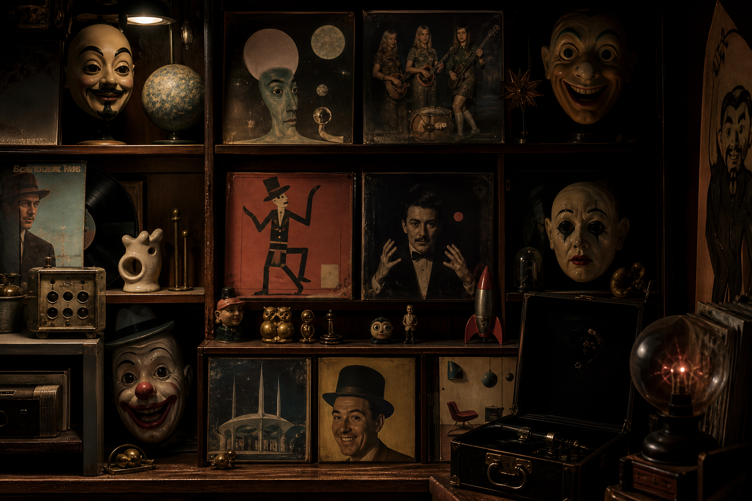 Dimly lit collector's cabinet with vintage records, odd masks, and tiny novelty objects arranged like museum relics