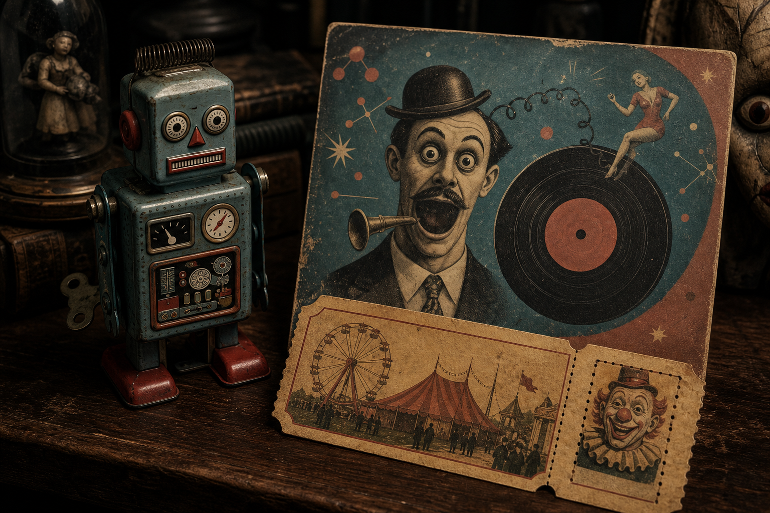 Surreal collage of a retro robot toy, a novelty record sleeve, and a faded carnival ticket on a dark tabletop