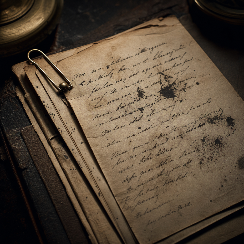A close-up of aged paper with handwritten notes, ink stains, and a brass paperclip on a dark tabletop