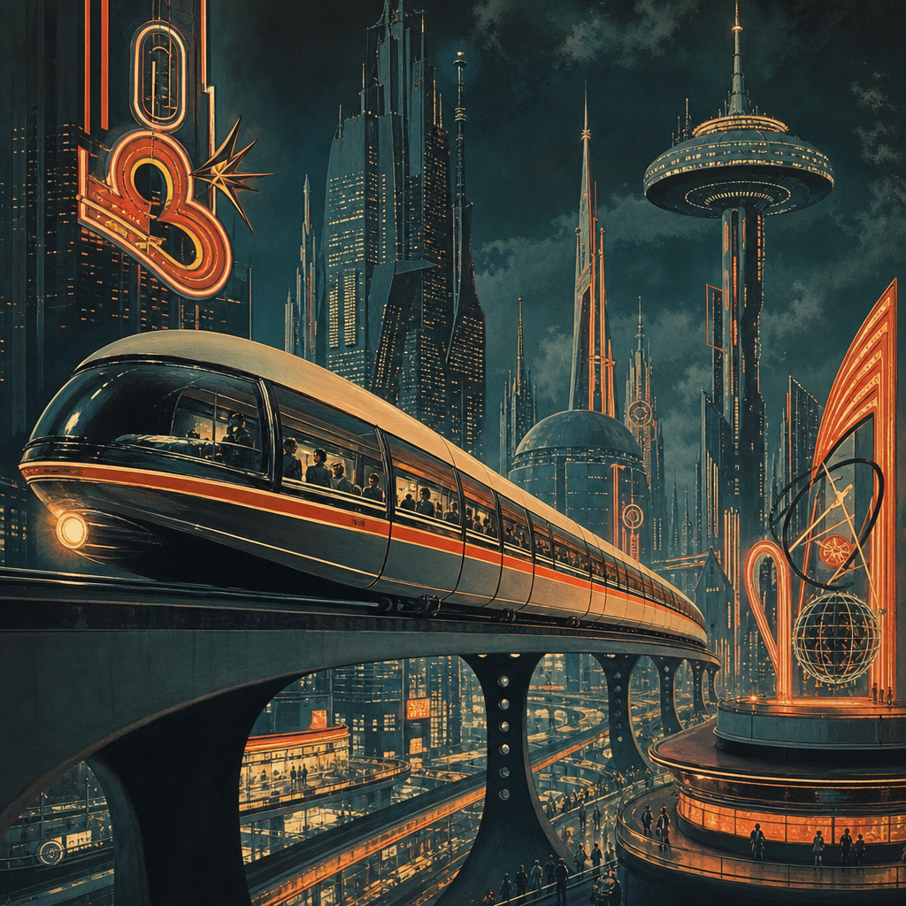 Retro illustration of a monorail gliding through a neon-lit futuristic city
