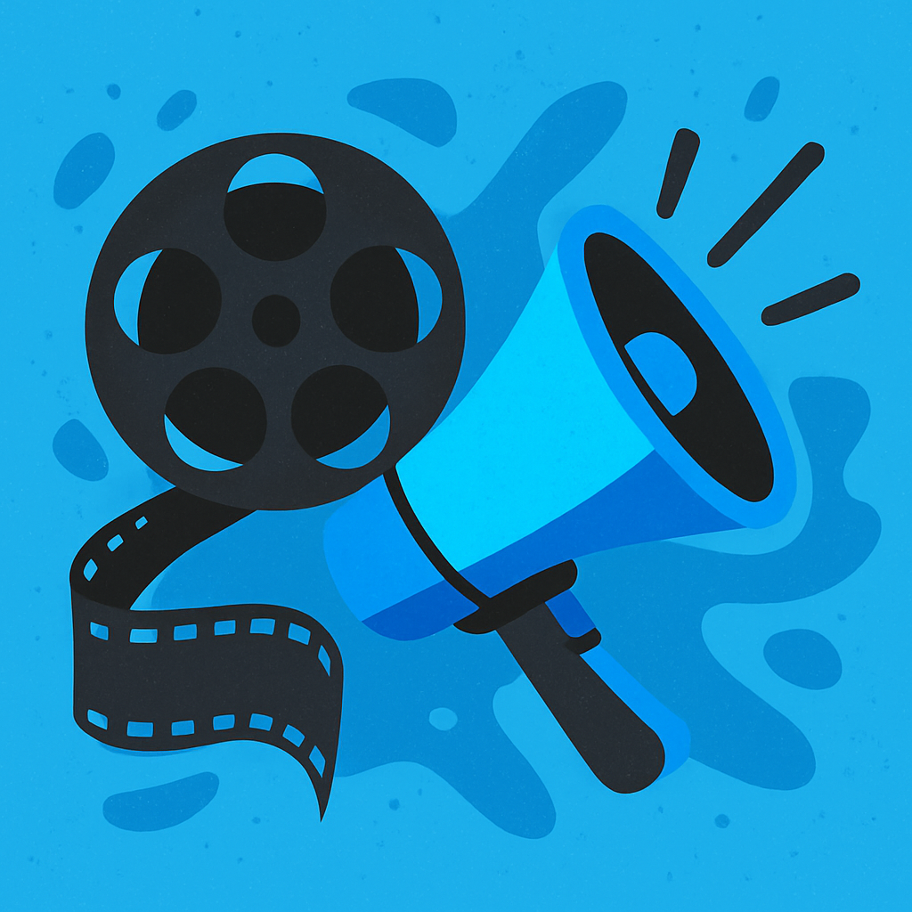 Animated illustration of a film reel and megaphone to symbolize creative film promotion