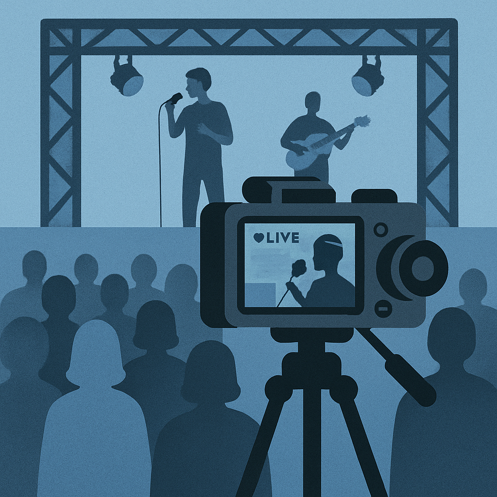 Camera on tripod with live event scene, symbolizing event coverage