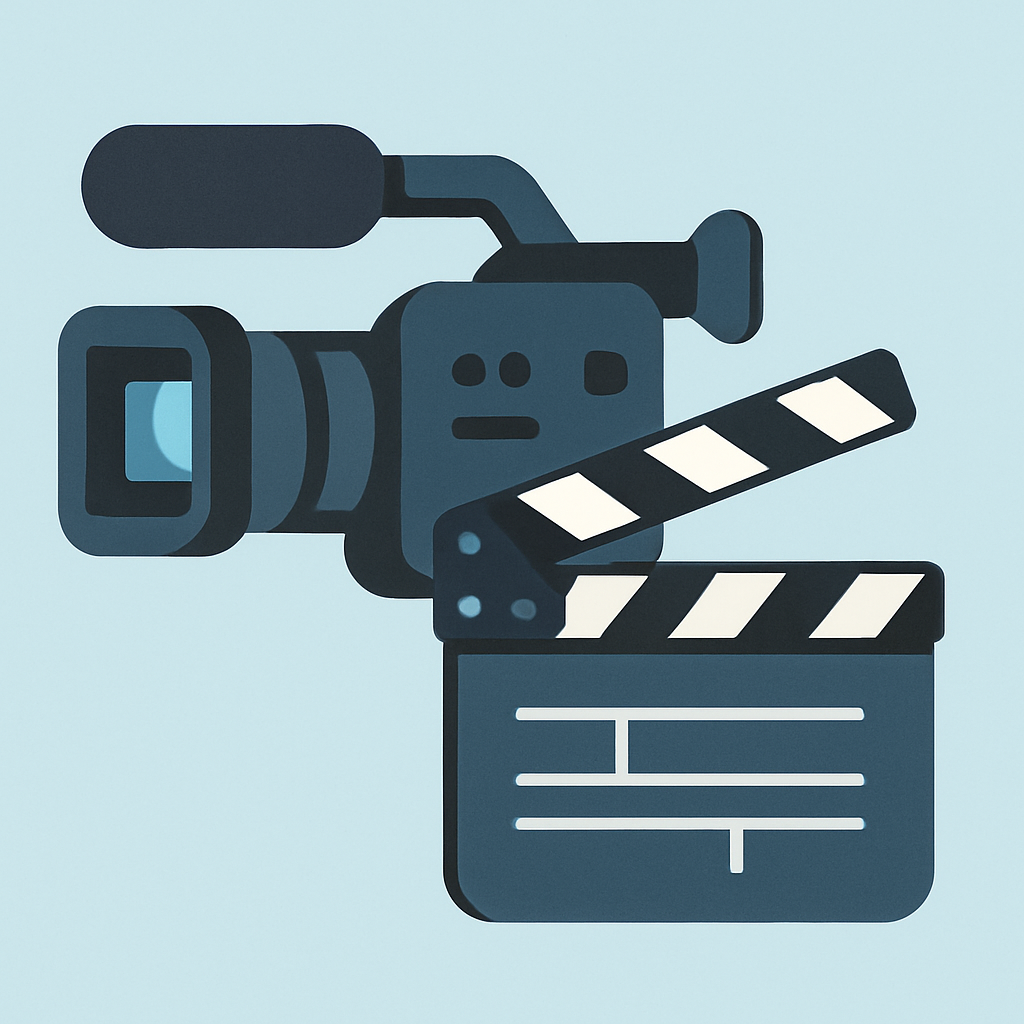 Stylized camera and clapperboard representing professional video production
