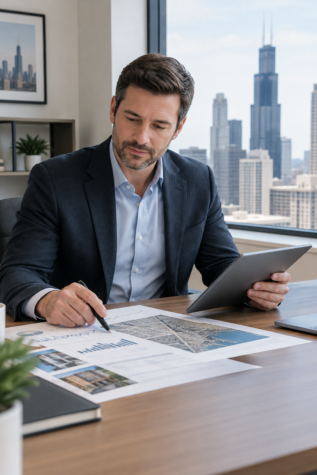 Professional real estate advisor in a modern Chicago office reviewing market plans