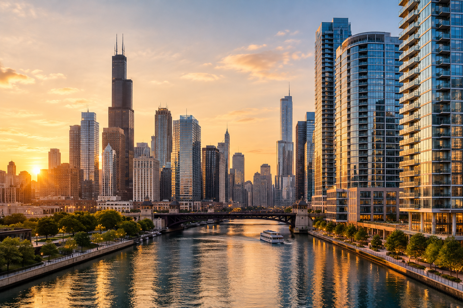 Chicago skyline and modern residential towers along the river at golden hour