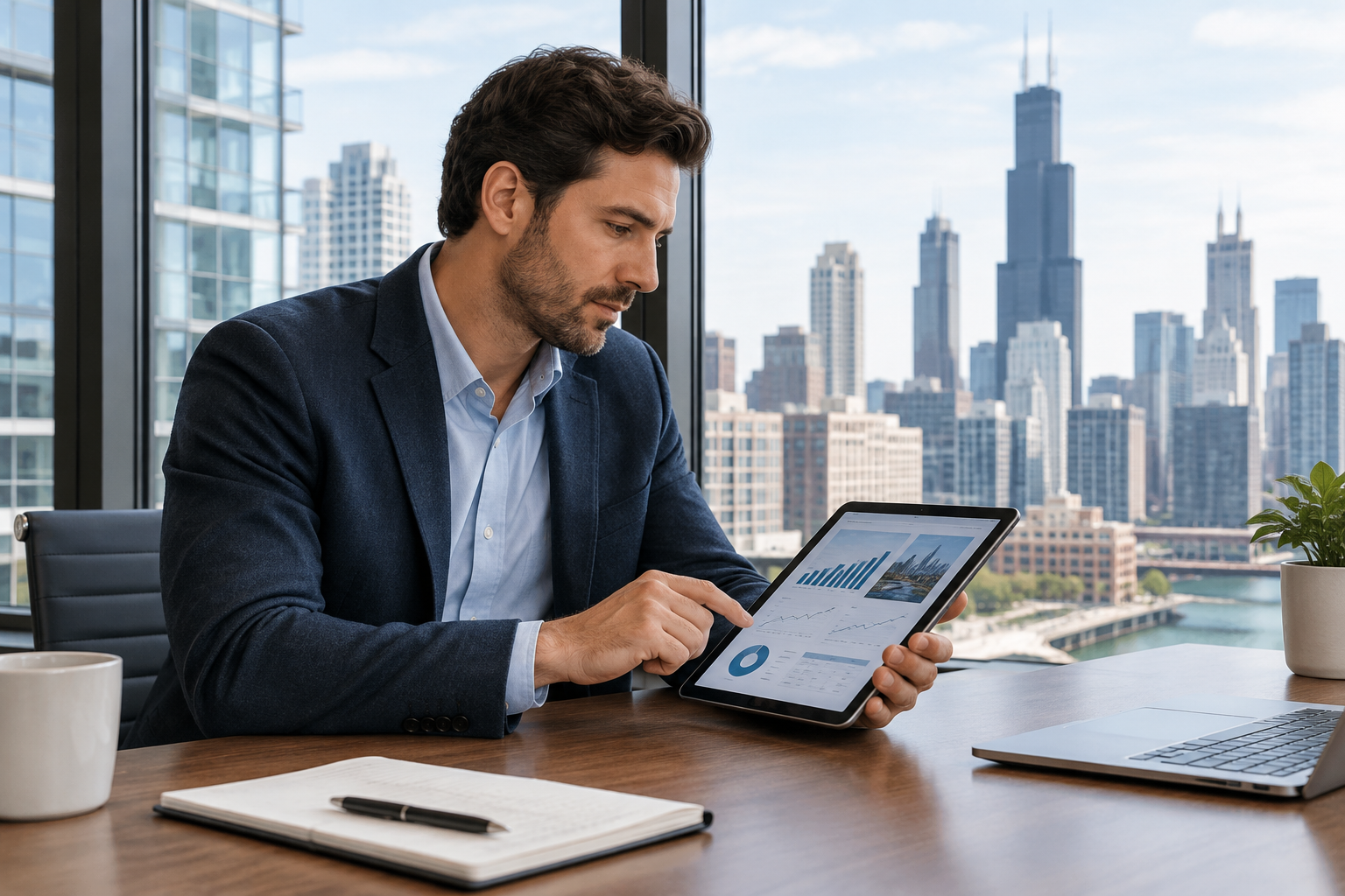 Chicago investor reviewing property opportunity data on a tablet with skyline buildings in the background