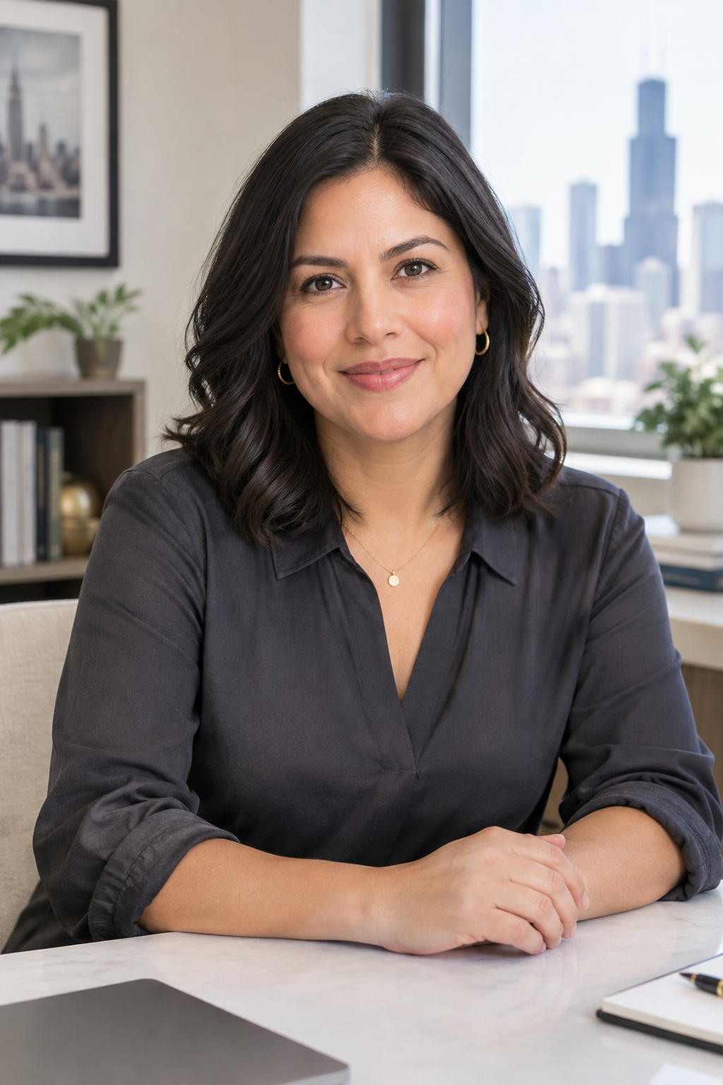 Elena Ruiz, buyer strategy director, wearing a charcoal blouse and smiling in a bright office setting