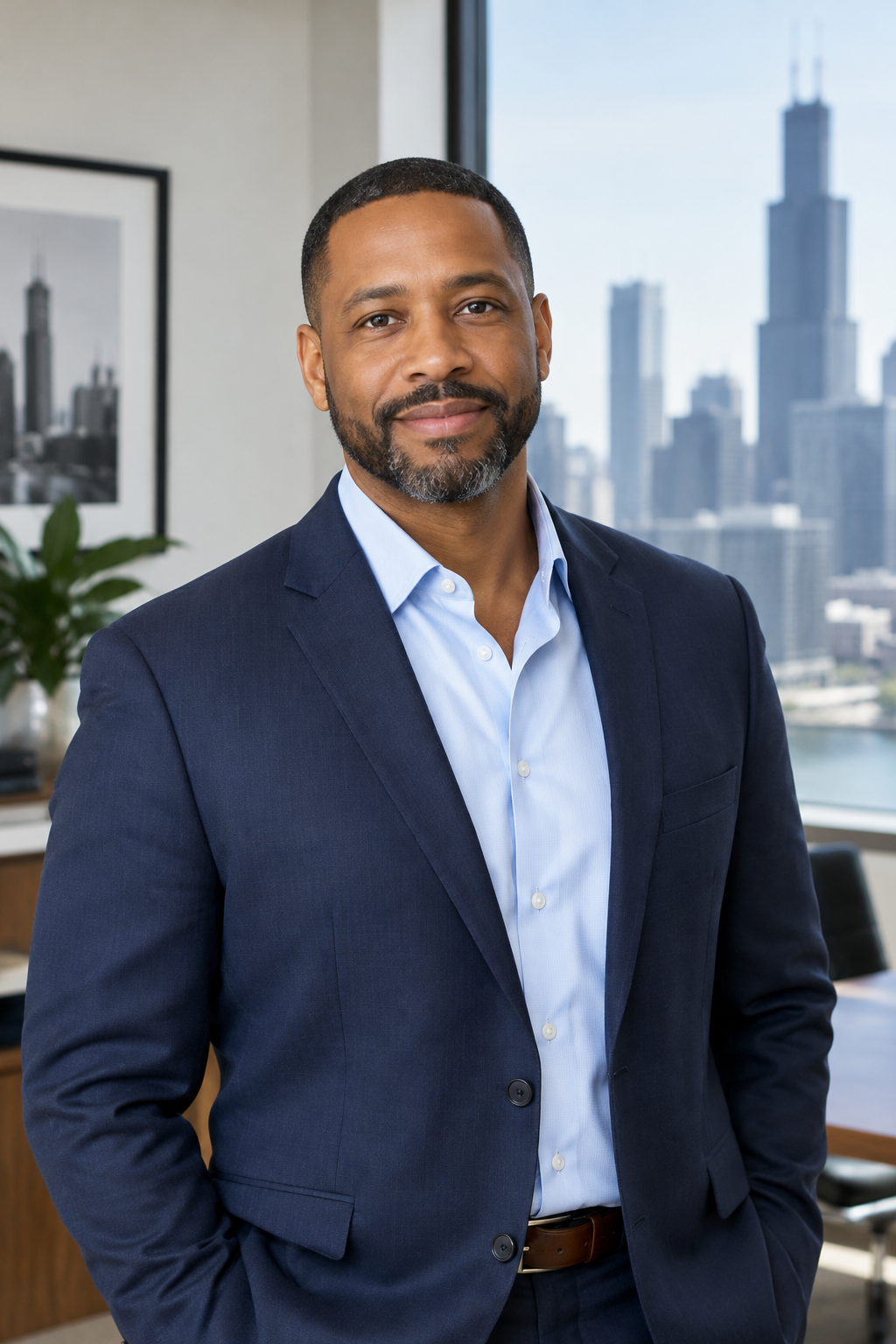Marcus Barker, managing broker and principal advisor, in a navy blazer with a warm professional expression