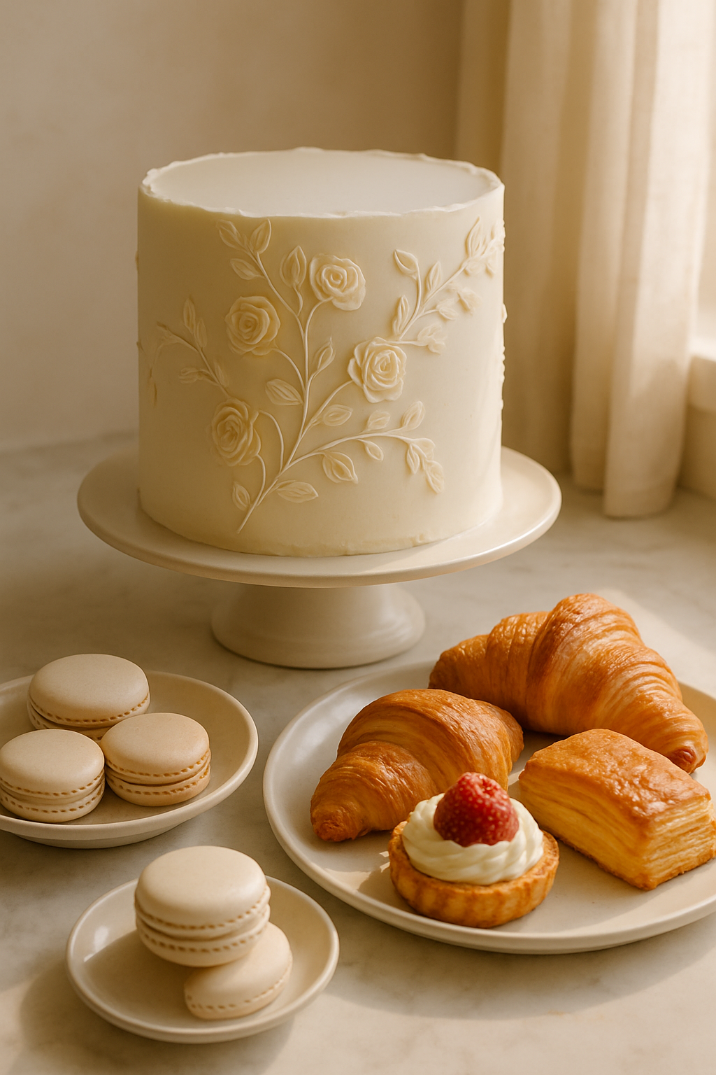 Elegant artisan cake and pastry arrangement on a marble counter with soft natural light