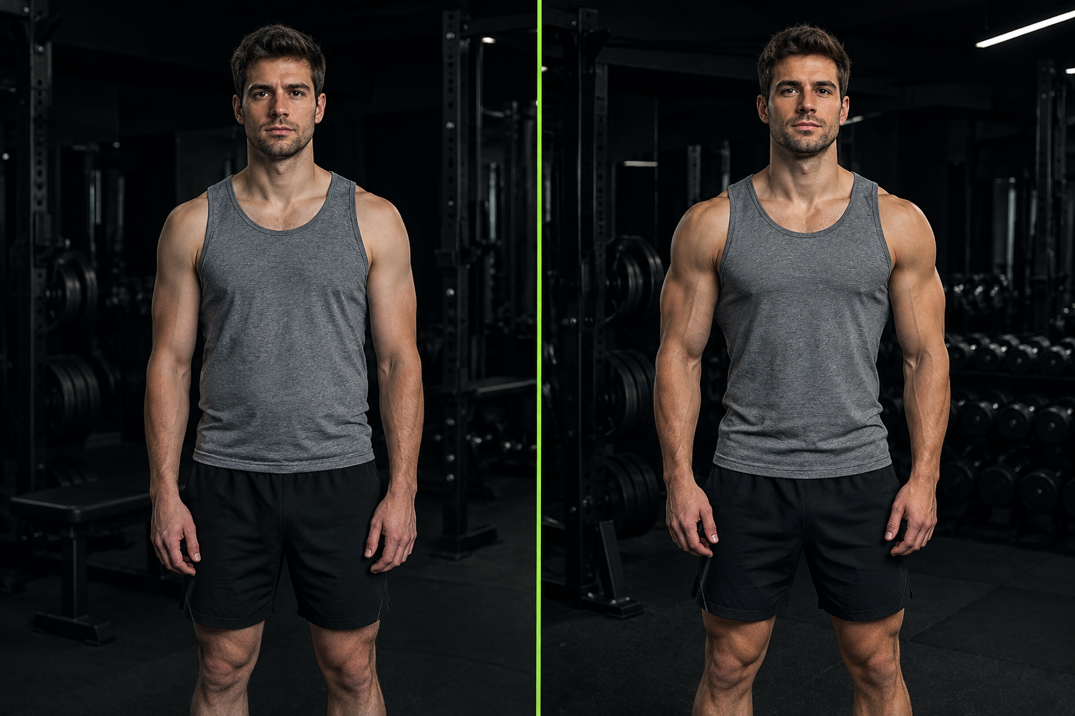 Before-and-after style fitness progress comparison of Daniel following a gym training plan
