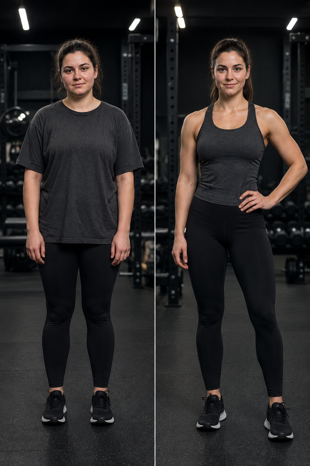 Before-and-after style fitness progress comparison of Elena in a gym