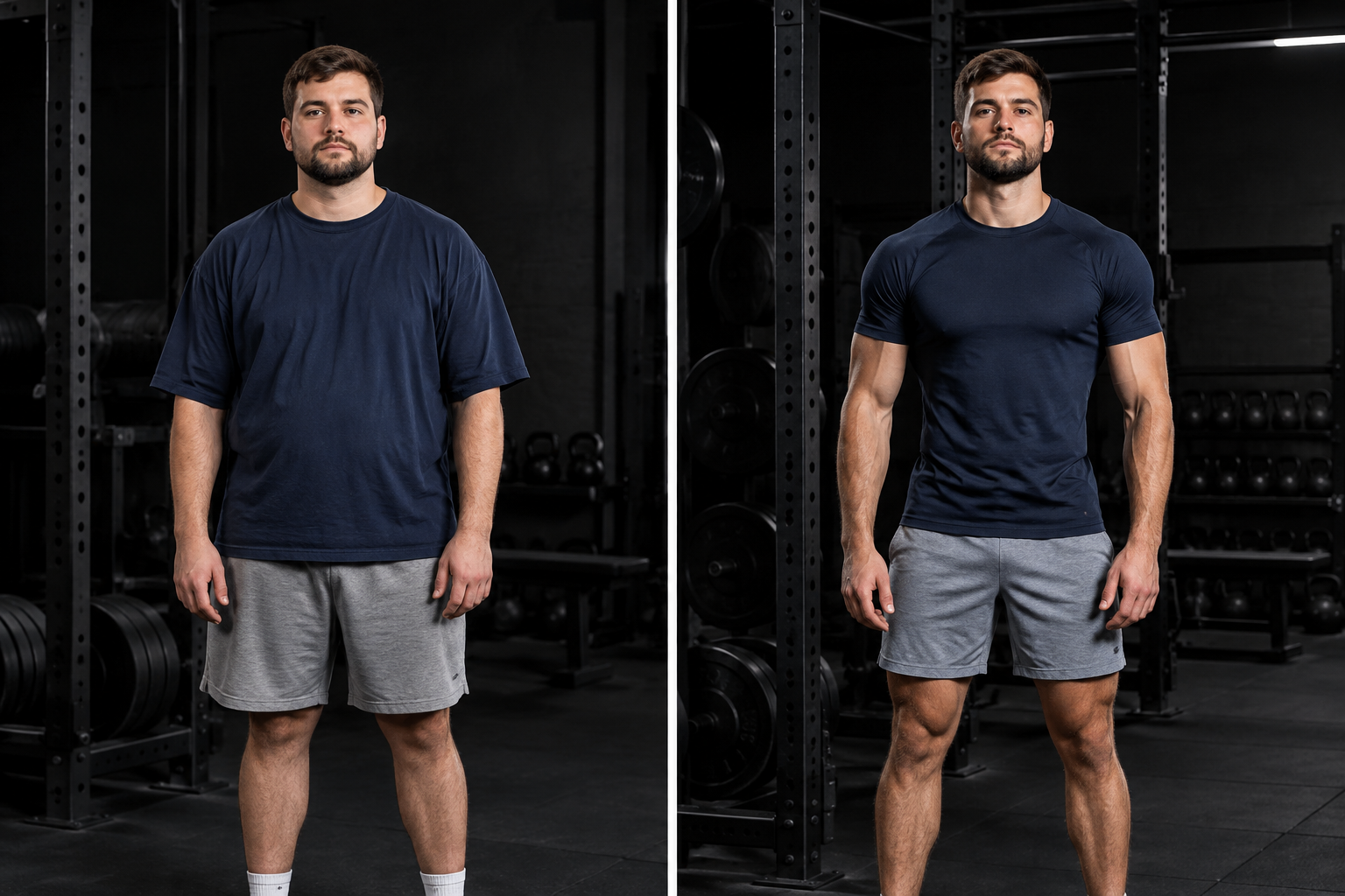 Before-and-after style fitness progress comparison of Marcus in training clothes