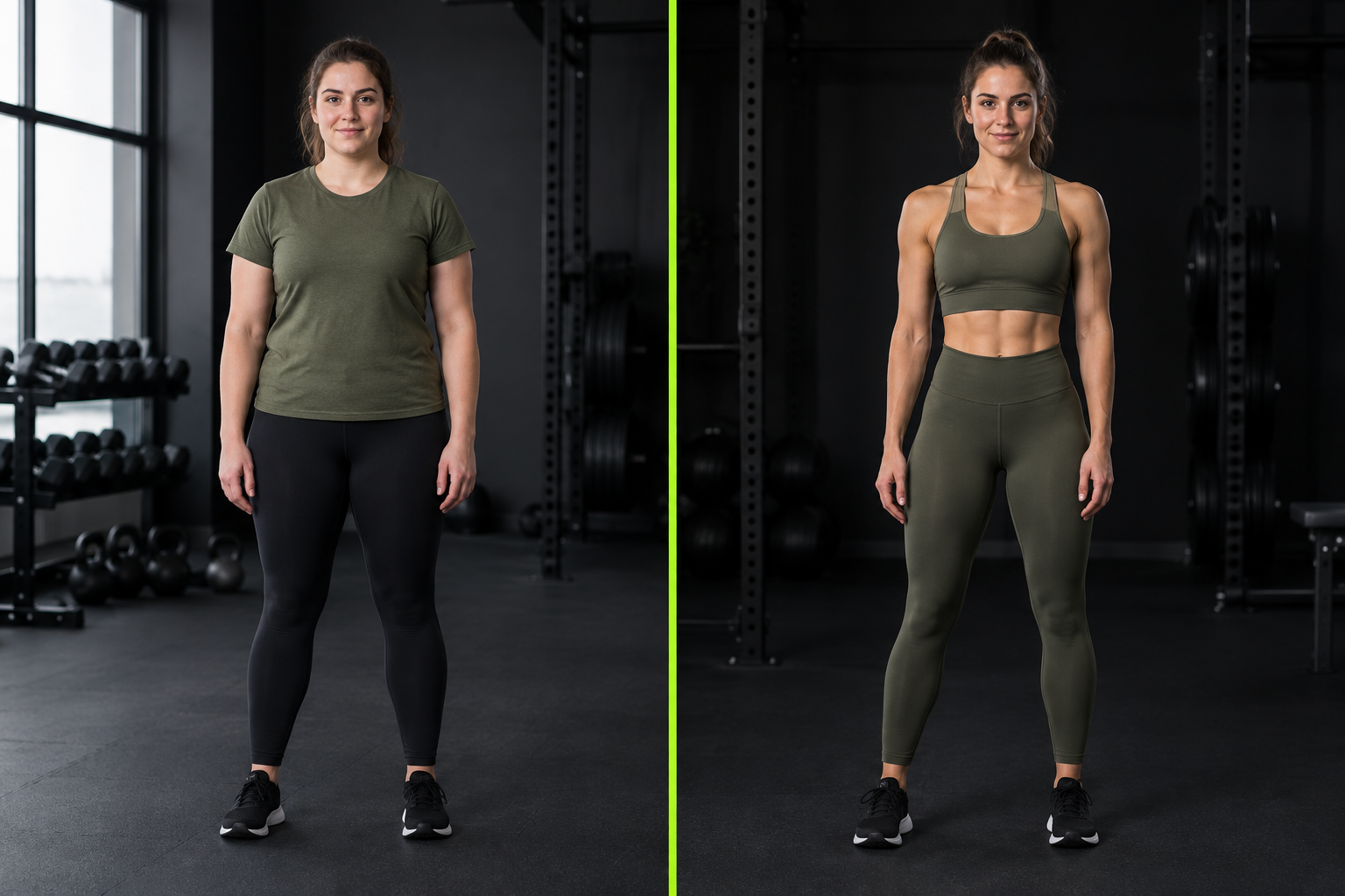Before-and-after style fitness progress comparison of Nadia in a bright training studio