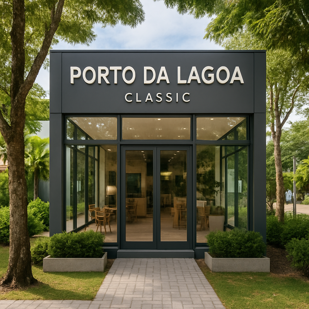 Fachada da loja Porto Da Lagoa Classic no bairro Campeche, Florianópolis, transmitindo confiança e proximidade