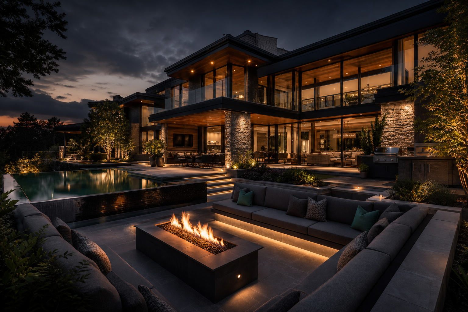 Twilight luxury residence with expansive glass walls, warm interior glow, and integrated outdoor living lounge with fire feature and pool
