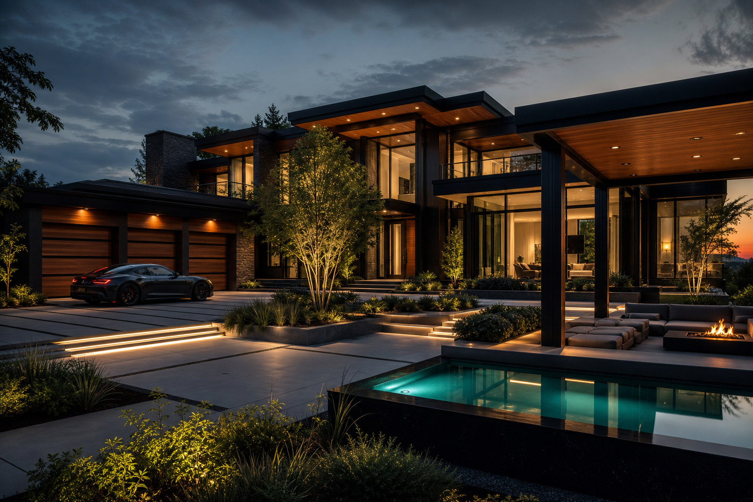 Panoramic luxury property transformation with dramatic modern home facade, lit pathway arrival court, warm timber soffits, and a connected outdoor lounge with poolside glow at dusk