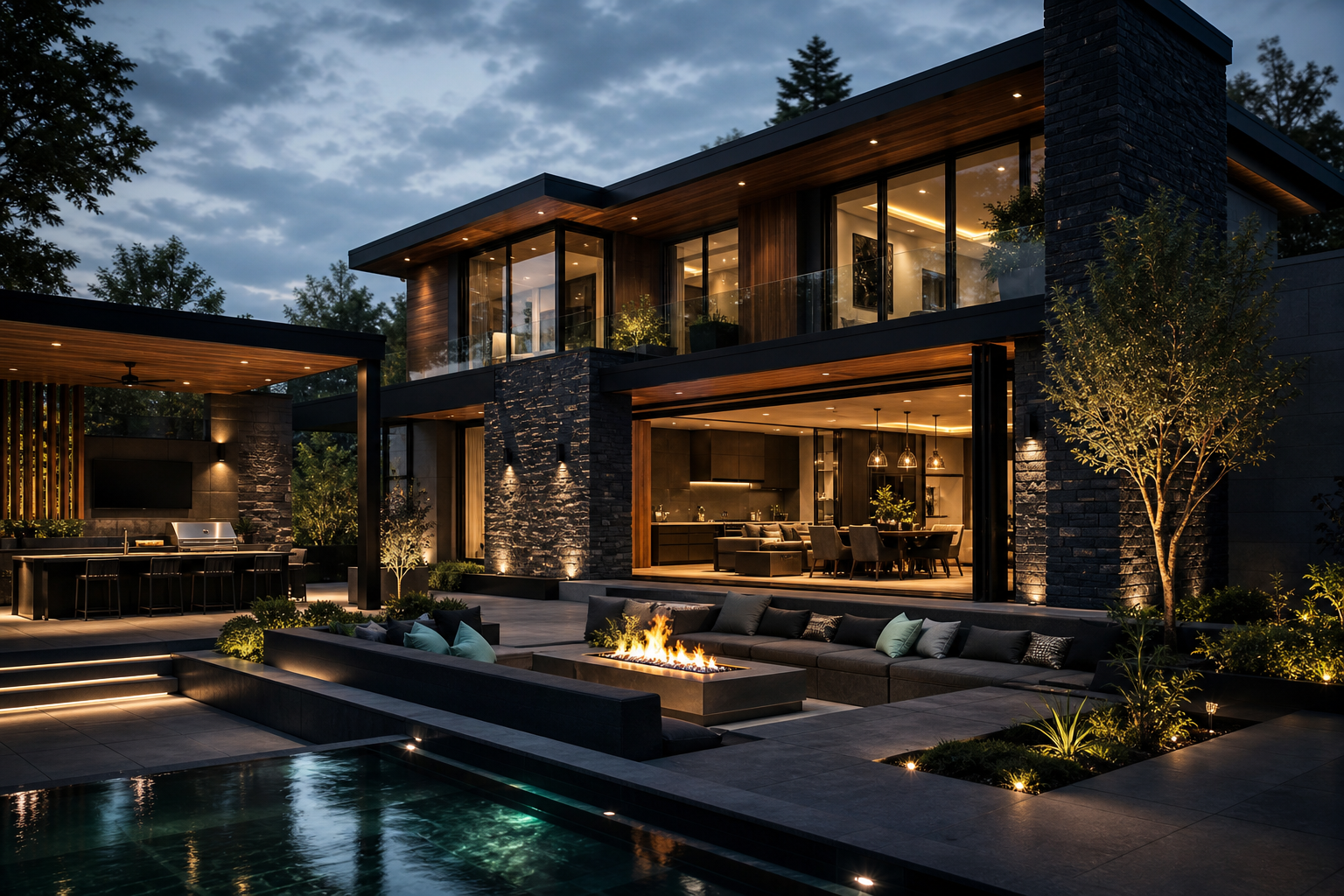 Luxury property concept preview showing a refined modern home with integrated outdoor lounge and layered landscape lighting