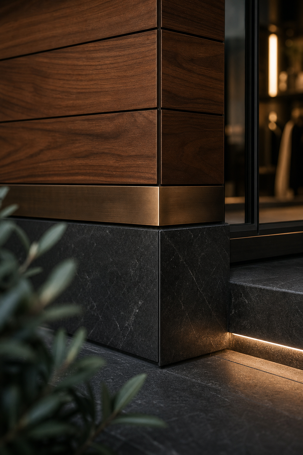 Refined architectural material vignette with warm wood, stone, and precision metal detailing