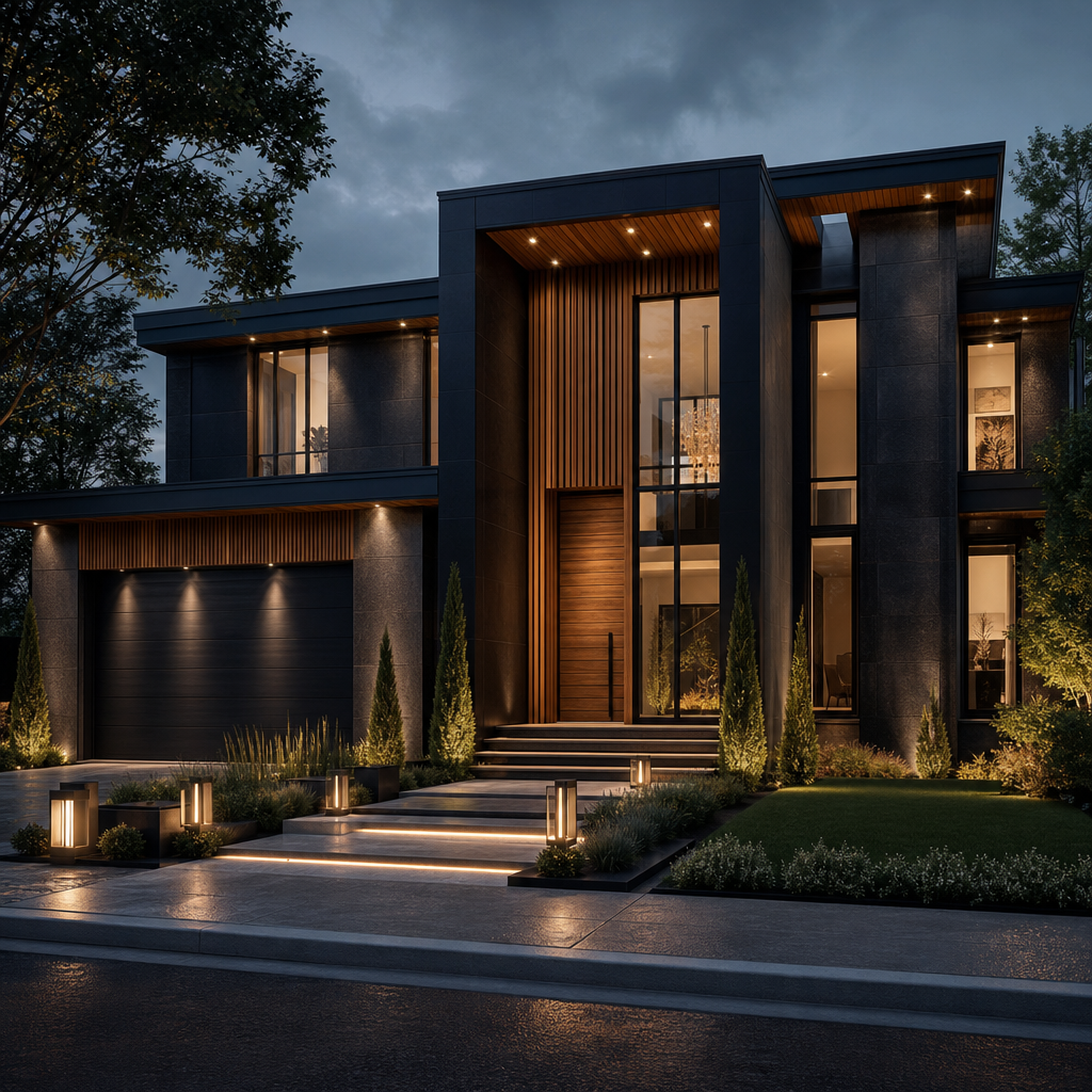 Street-facing facade transformation featuring a charcoal-toned luxury exterior, oversized glass, wood slat entry surround, and sculpted landscape lighting