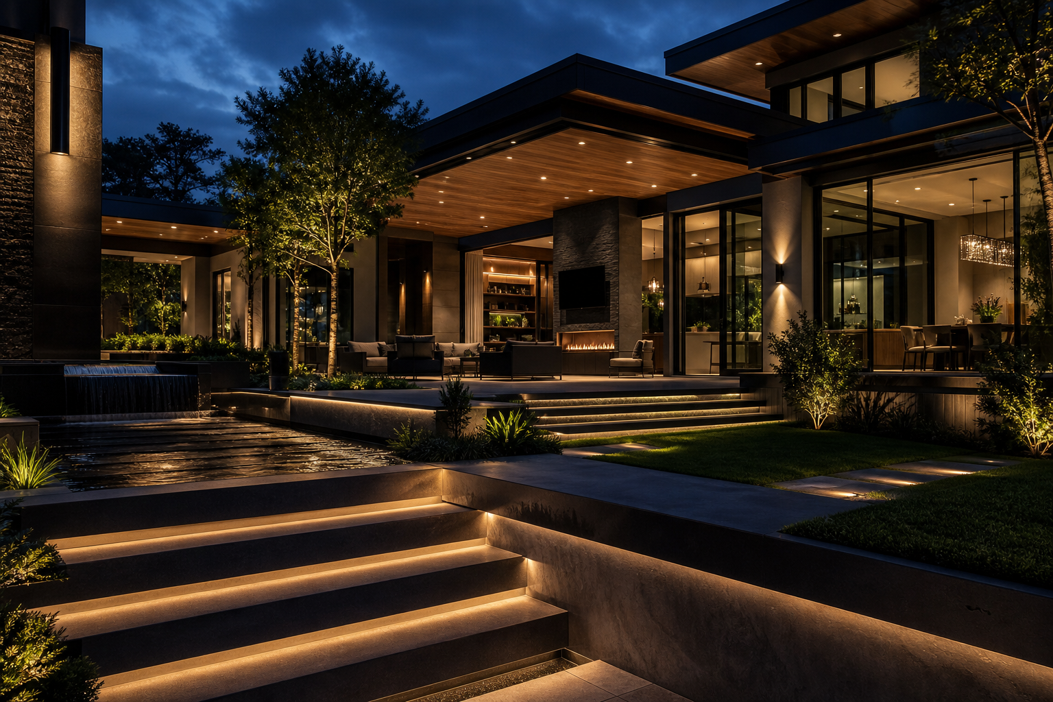 Evening atmosphere scene showing a full-property lighting plan across terrace steps, water features, and interior-to-exterior glass transitions