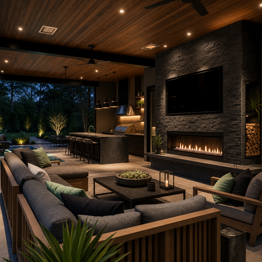 Outdoor living upgrade with covered patio lounge, custom fireplace wall, integrated kitchen island, and layered seating under warm architectural lighting