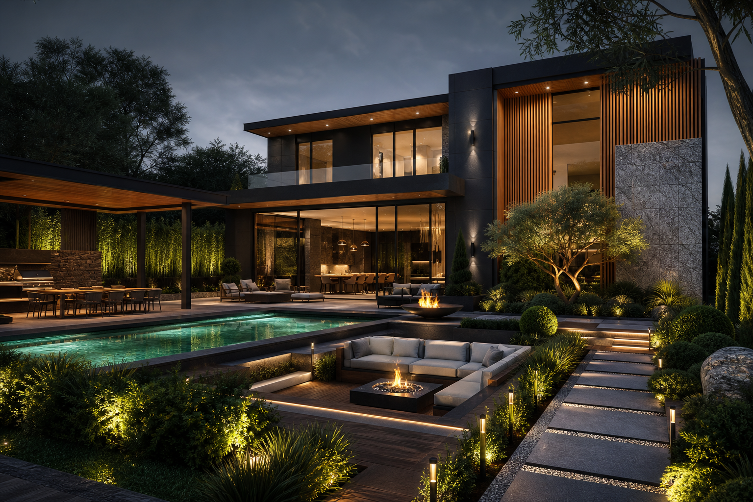 Premium home and backyard concept view with modern facade, warm wood accents, pool terrace, and layered landscape lighting