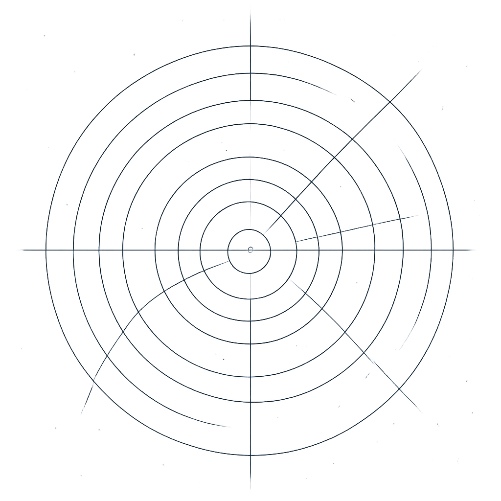 Fine-line celestial chart graphic with circular orbital guides, node markers, and angle ticks