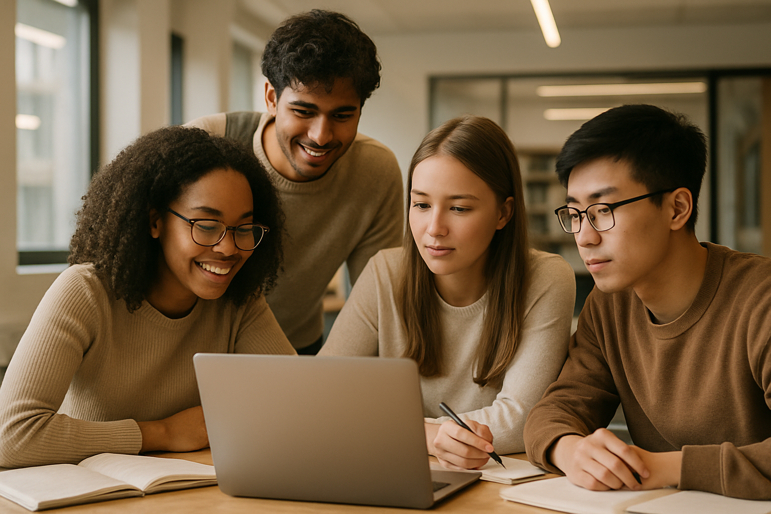 Students collaborating on a communication studies project with notes and laptops