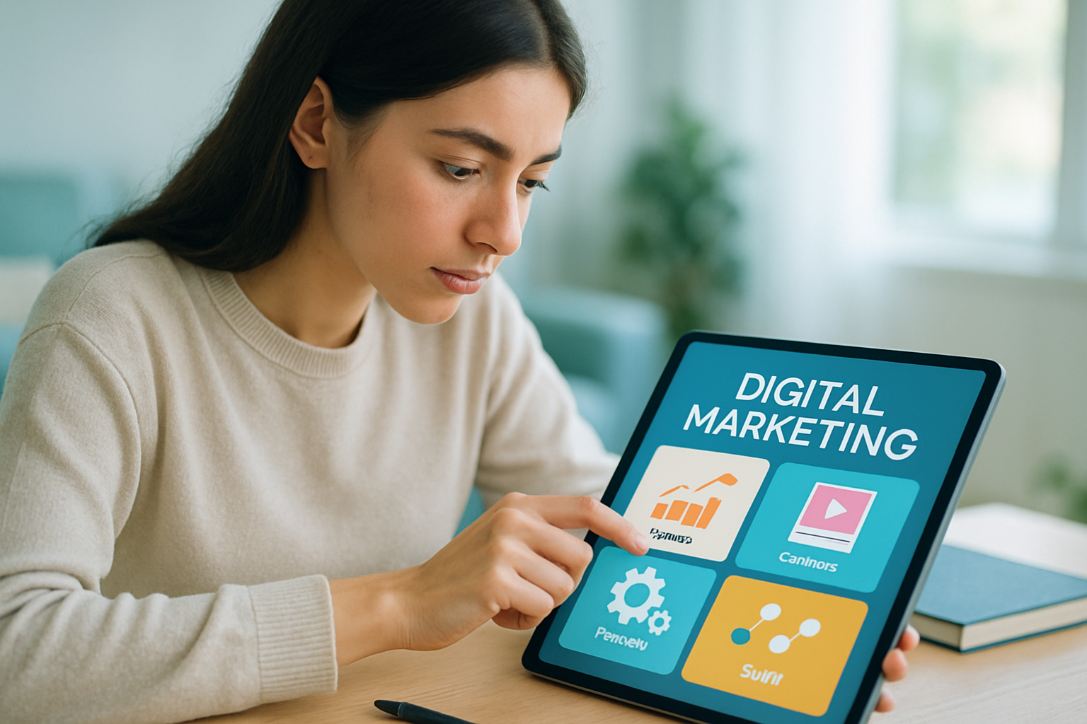 Student reviewing a digital communication project with a tablet and notes