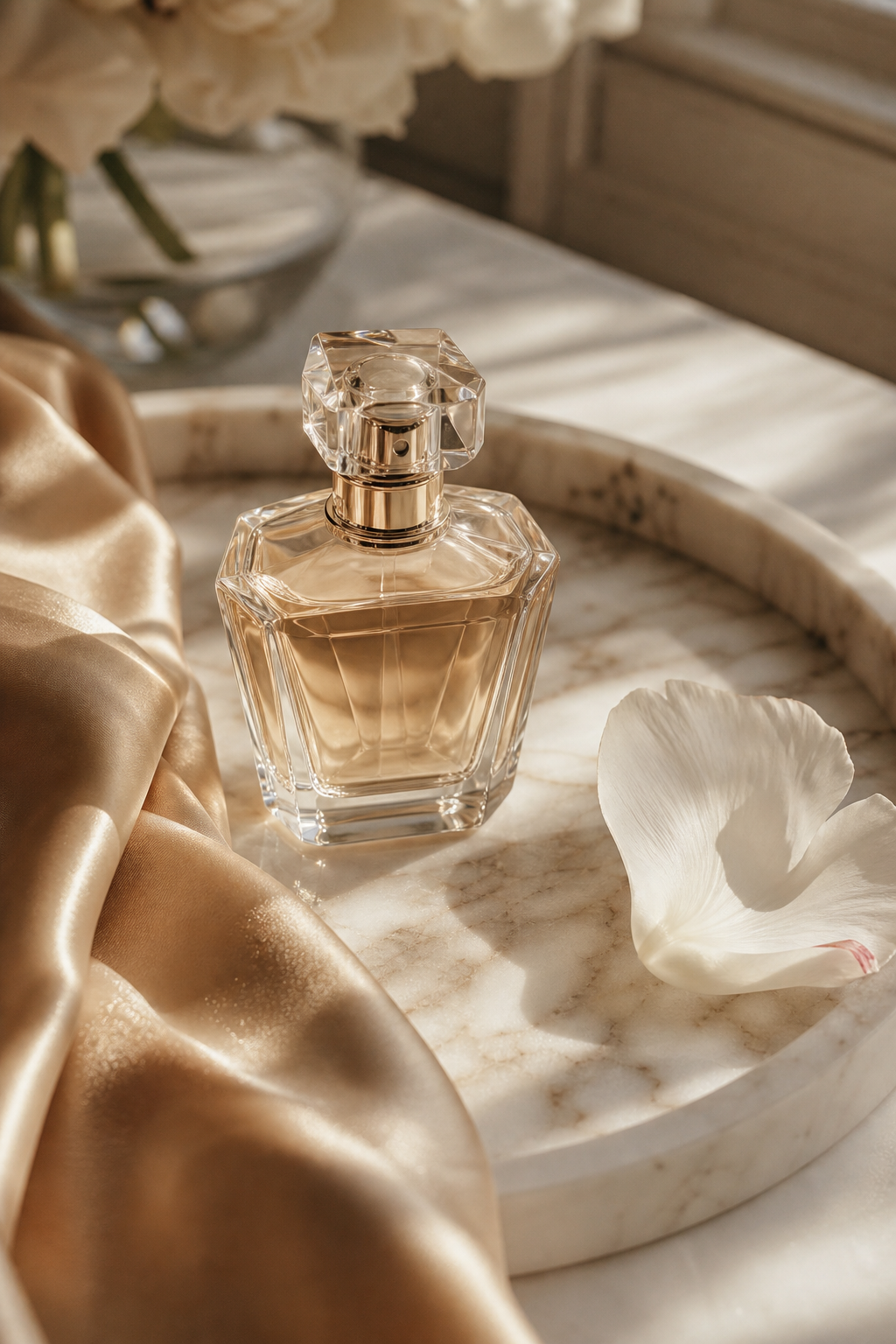 Close-up lifestyle scene with a luxury perfume bottle beside silk fabric and soft morning light