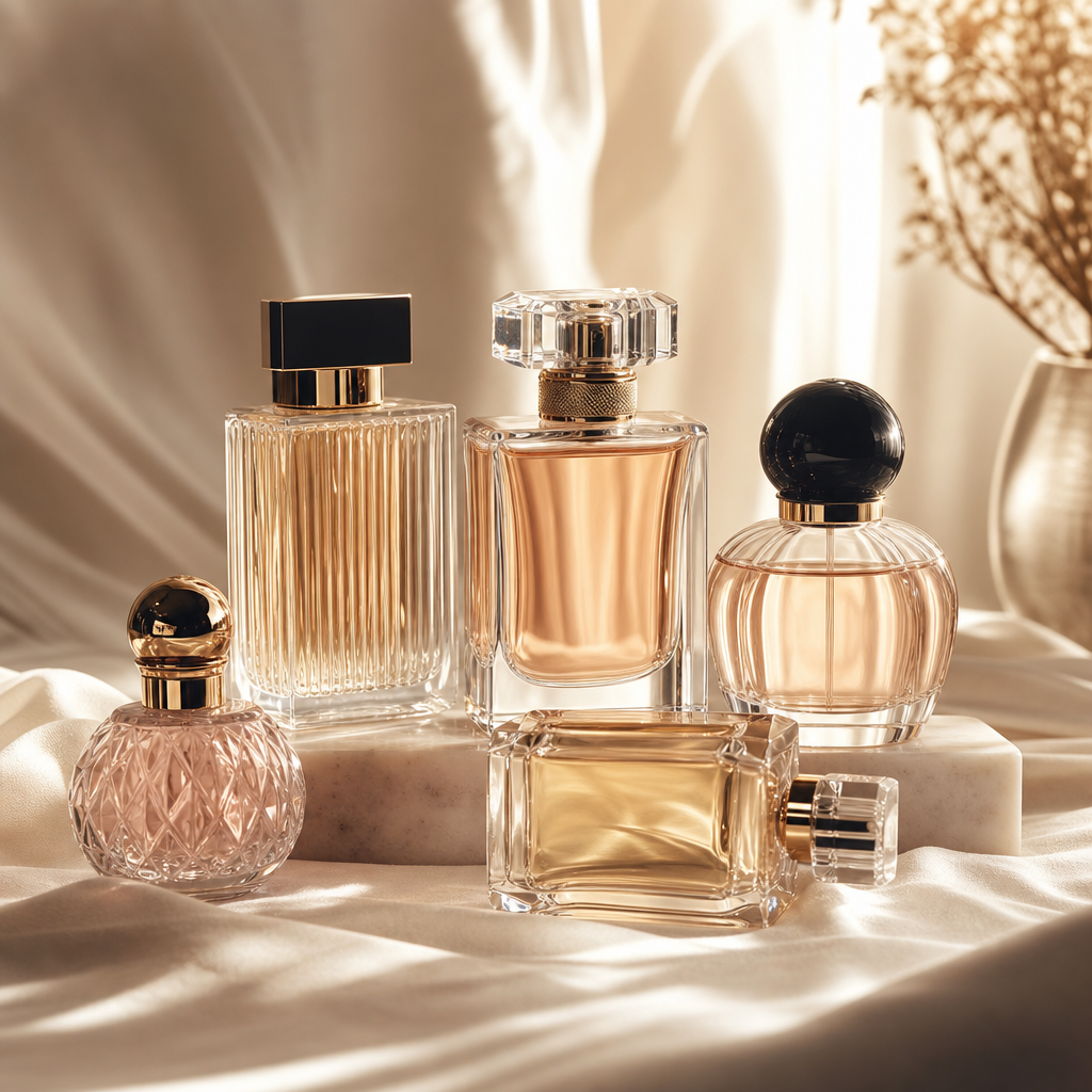 Refined editorial perfume scene with a faceted glass fragrance bottle on draped soft fabric, warm natural light, and intimate sensorial atmosphere